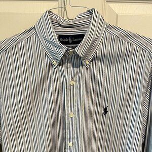 Ralph Lauren Dress Shirt Blue & Black Stripe Button Front Long Sleeve Sz 15 1/2